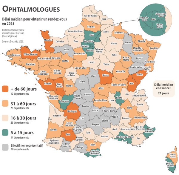 Carte France délai médian rendez-vous ophtalmologie