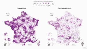 Chaque mois, l’Irdes (Institut de recherche et documentation en économie de la santé) extraient des données sous forme de graphiques, cartes ou iconographies. En ce mois d’octobre, l’institut a extrait des données de son rapport n° 597 : « Inégalités spatiales d'accessibilité aux médecins spécialistes. Proposition d'indicateurs », (de Lucas-Gabrielli V., Bonal M., Mangeney C., Com-Ruelle L., Gousset C. En collaboration avec le Haut Conseil pour l'avenir de l'Assurance maladie), pour représenter en deux cartes les niveaux d'accessibilité (APL) aux ophtalmologistes selon le périmètre de l'offre (secteurs 1 et 2). « Pour certaines spécialités, l'accessibilité repose essentiellement sur l'offre de secteur 2. C'est le cas des ophtalmologues dont un peu plus de 60 % exercent en secteur 2. L'accessibilité varie très fortement selon qu'on prend en compte l'ensemble de l'offre ou celle de secteur 1 : des zones qui semblent bien dotées si on prend en compte l'ensemble des ophtalmologues présentent une accessibilité dégradée si on se limite au secteur 1 », commente l’Irdes.